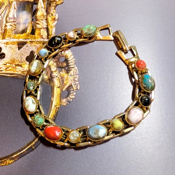 Vintage Art Glass Cabochon Heavy Chain Bracelet - Picture 2 of 7